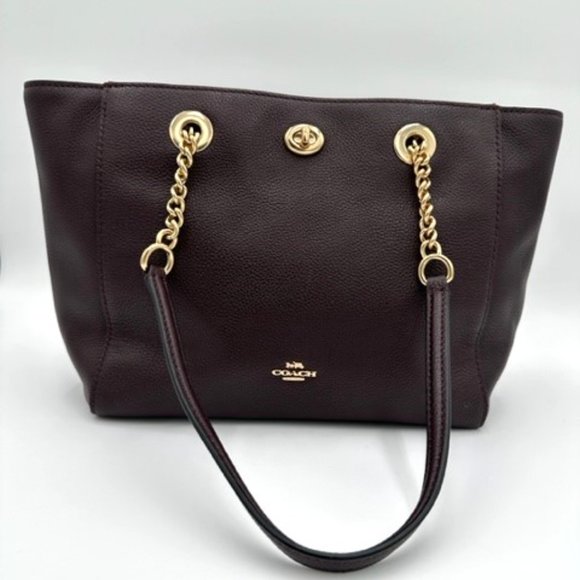 Coach Wine Pebble Leather with Gold Chain Strap, Turn Lock Tote, Gently Used - Picture 1 of 9